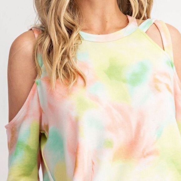 Sherbet Neon Baby French Terry Tie Dye Cold Shoulder Top Sizes Small & Med NWT - Picture 4 of 6